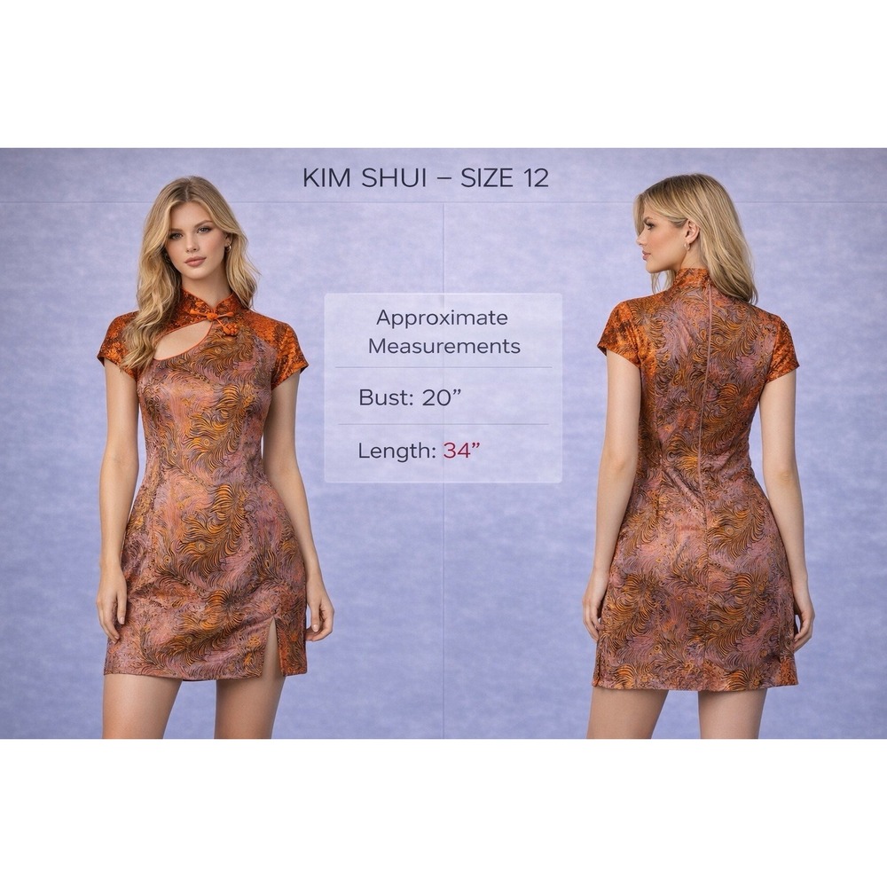 Kim Shui Metallic Peacock Jacquard‎ Qipao Mini Dress Size 12 Orange Snakeskin